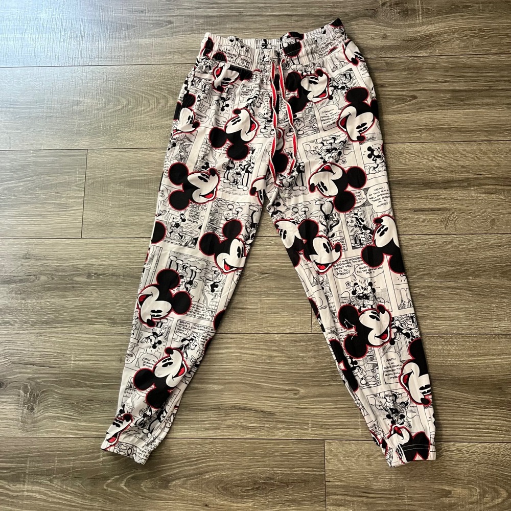 Disney Mickey Mouse Comic Strip Pajama Pants Joggers Red White Black XS